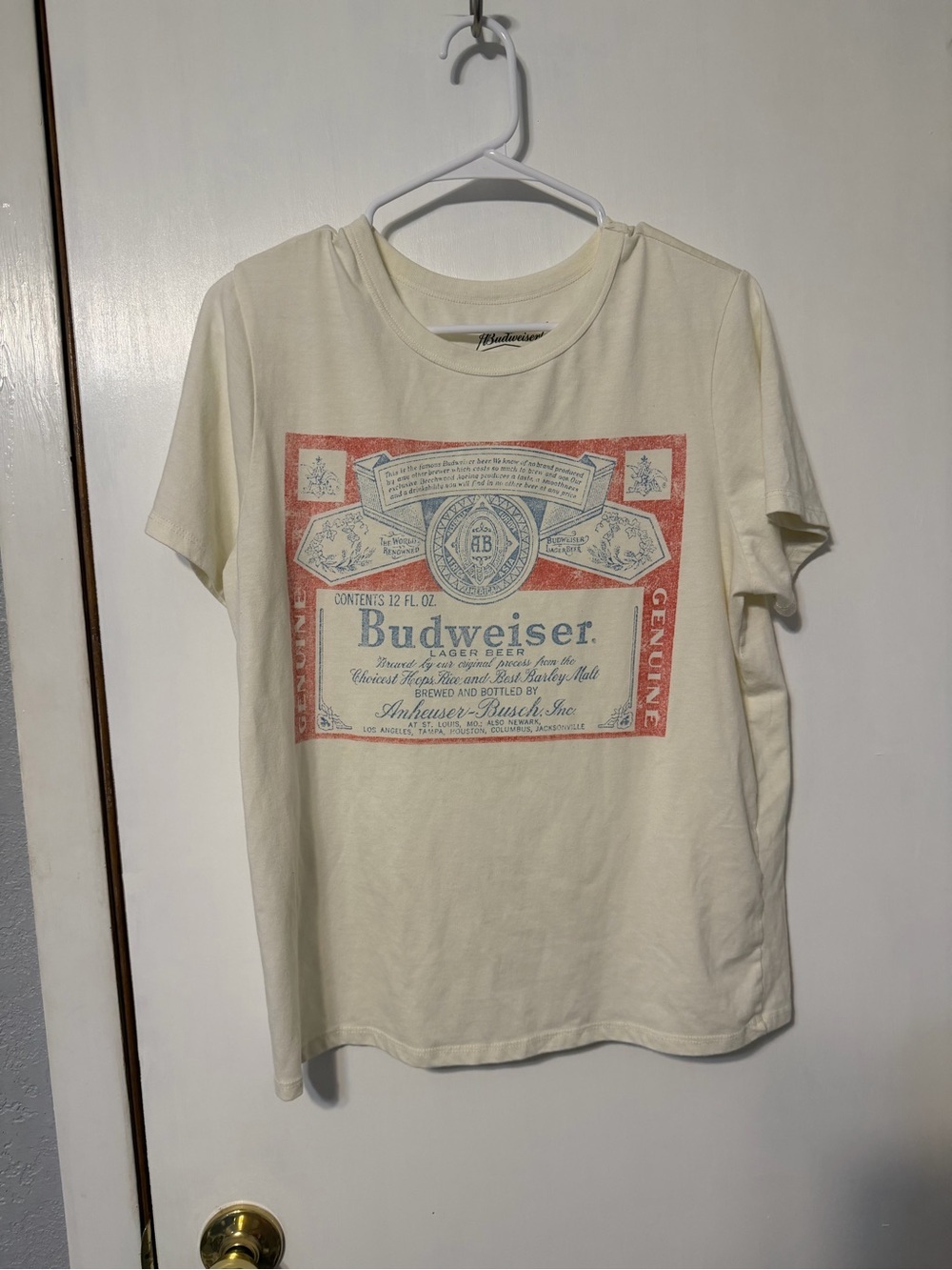 Budweiser Cream Tee with Red and Blue Label Graphic